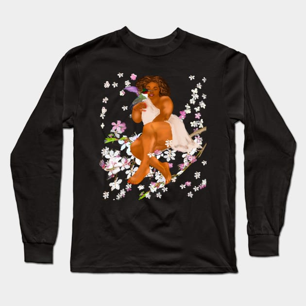 Curvy lady Mother Nature s bounty - Curvy body positive plus size woman with Humming bird  and the First cherry blossoms of spring delicate white  and pink flowers  Flora and fauna foliage Long Sleeve T-Shirt by Artonmytee